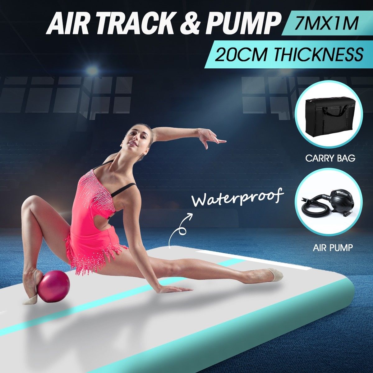 7x1x0.2m Air Track Gymnastics Mat Mint Green with Electric Air Pump