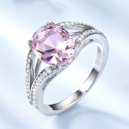 Pink Gemstone Promising Wedding Engagement Ring in 925 Sterling Silver with Side Gems