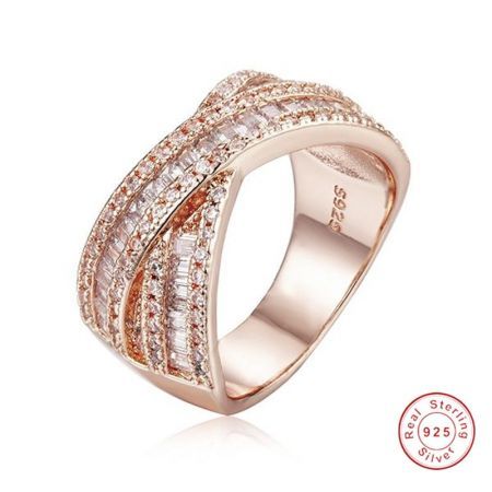 Sparkling Gemstone Cross 925 Silver Rose Gold Plated Ring Cocktail Promising Wedding Engagement Ring