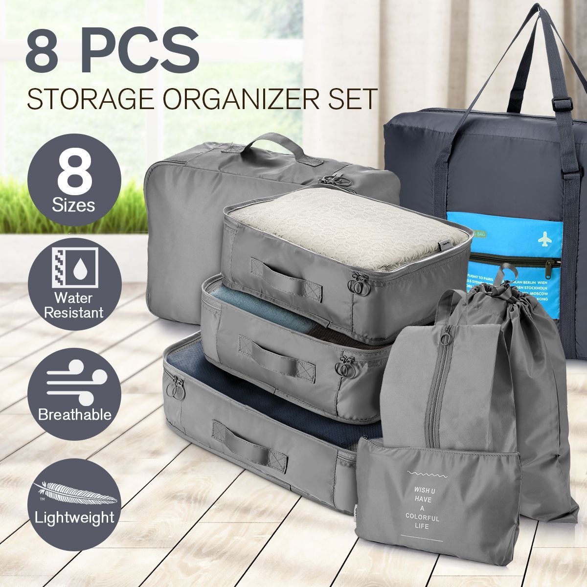8 Pcs Travel Packing Cubes Set Luggage Storage Organiser Bags- Grey
