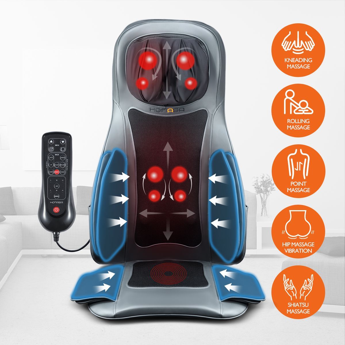 Air Compression Shiatsu Rotating Massage Seat Cushion Neck Back Full