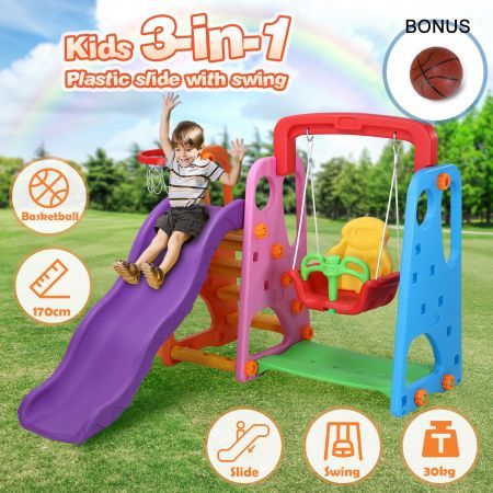 Kids Outdoor Playground Slide Swing Basketball Set