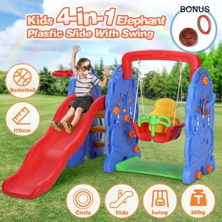 Kids Toddler Slide Swing Basketball Hoop Playset Elephant Style