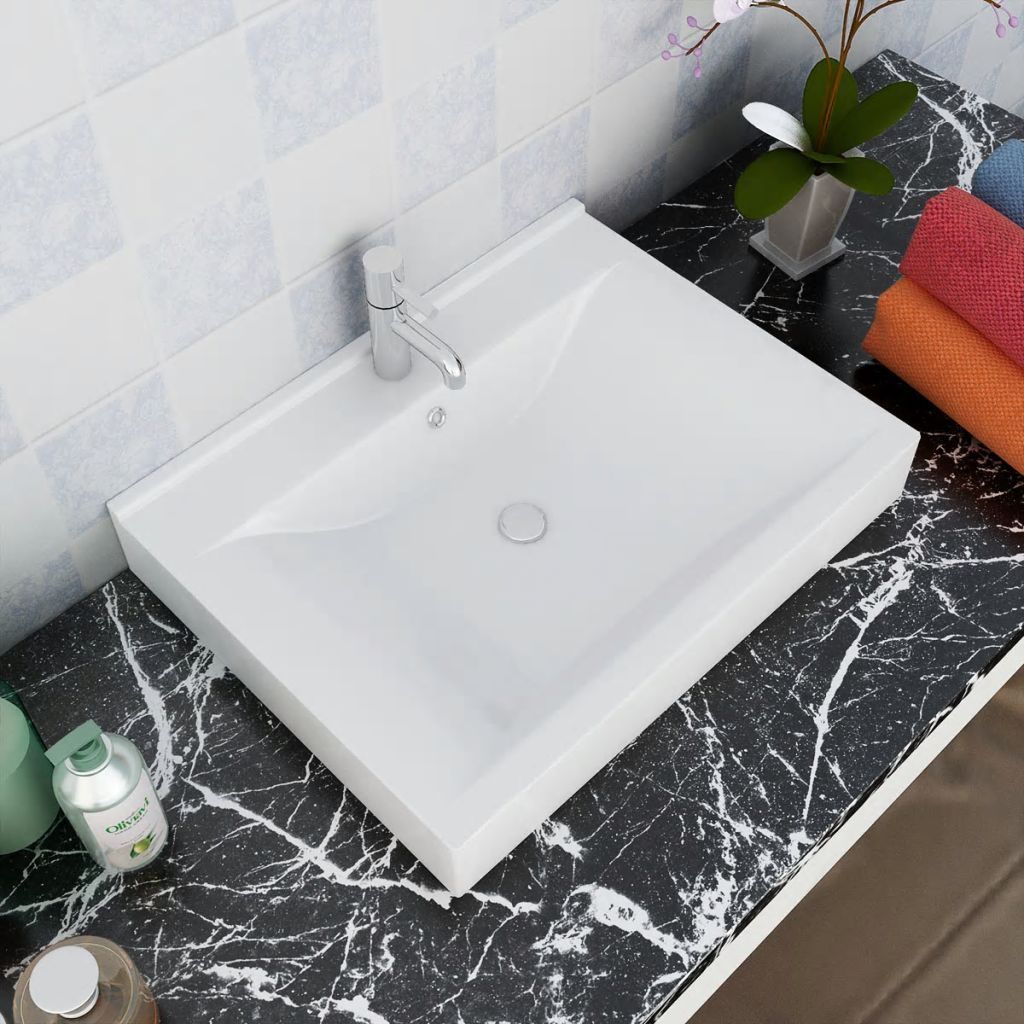 Luxury Ceramic Basin Rectangular Sink White with Faucet Hole