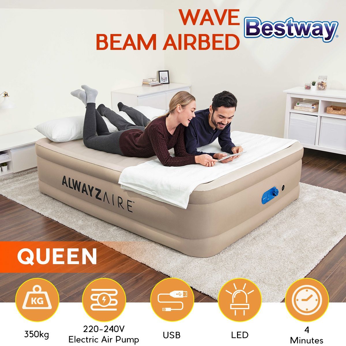 Bestway AlwayzAire Air Bed Mattress 51cm Queen Size with Built-in Dual Pump