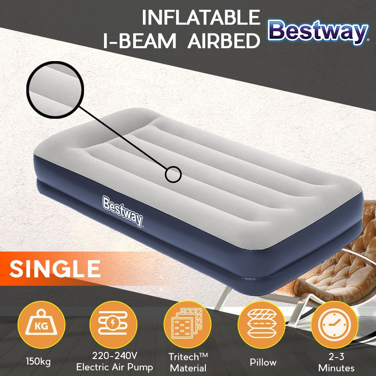 Bestway Inflatable Bed Single Size Air Mattress with Built-in Pump and Pillow
