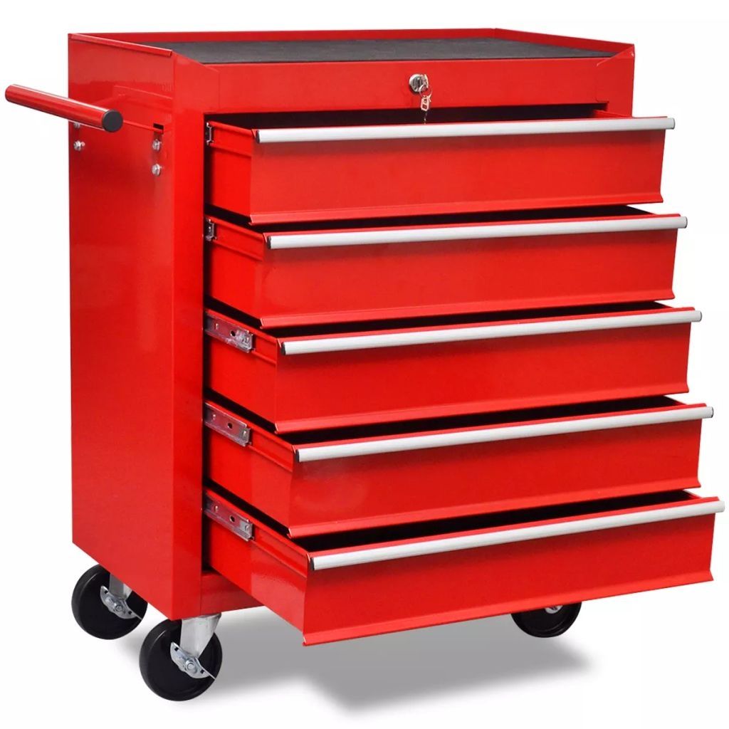 Workshop Tool Trolley 5 Drawers Red