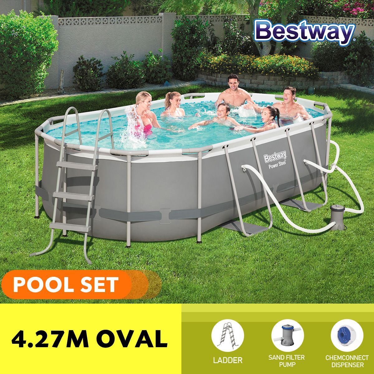 Bestway 4.27x2.50x1.00m Power Steel Frame Above Ground Oval Pool Set