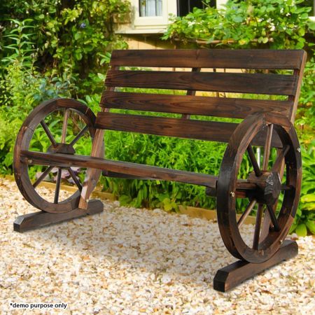 Outsunny Rustic Wood Wheel Outdoor Garden Bench For 2 People With A Unique Wheel Design On The Legs And Durable Build 84b 410 The Home Depot