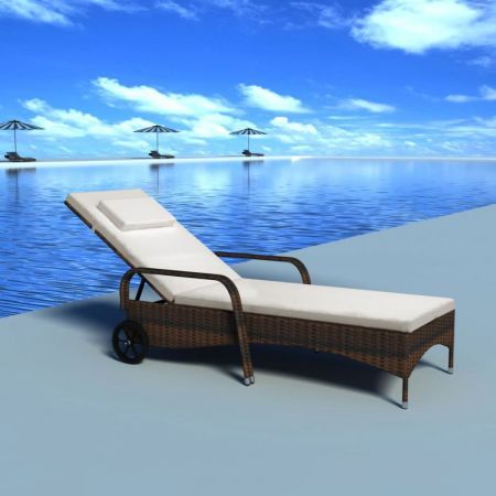 Sun Lounger with Cushion & Wheels Poly Rattan Brown