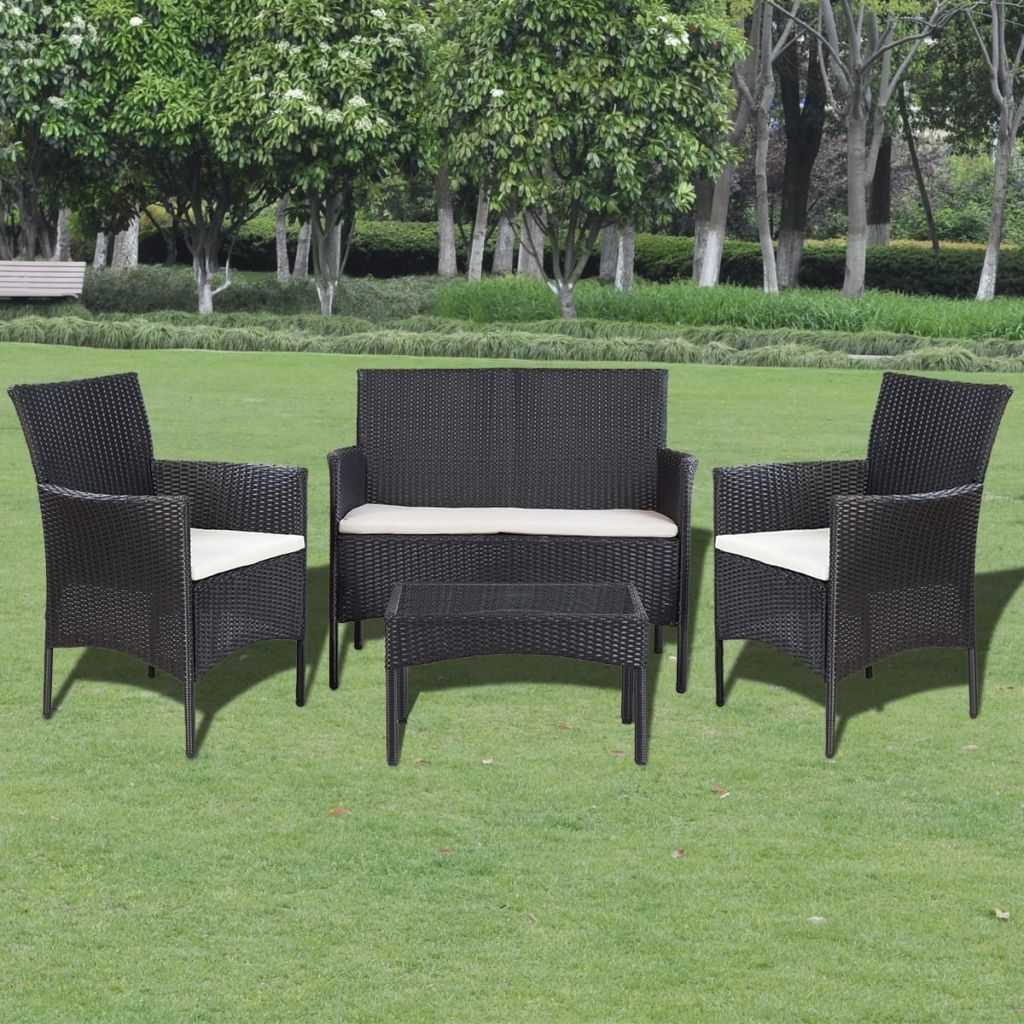 4 Piece Garden lounge Set with Cushions Poly Rattan Black