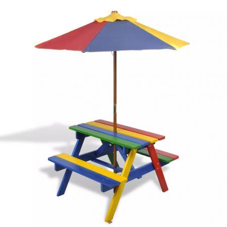Kids Picnic Table & Benches with Parasol in Four Colours