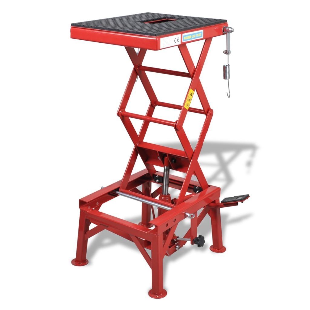 Red Motorcycle Lift 135 kg with Foot Pad, Locking Bar, Release Valve