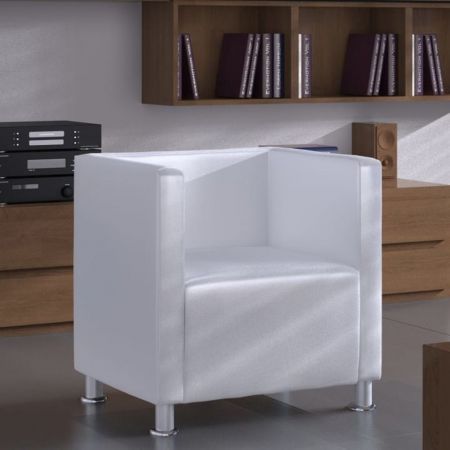 Armchair with Cube Design Artificial Leather White