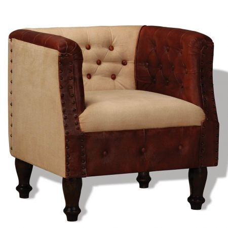 Armchair Real Leather and Fabric Brown and Beige