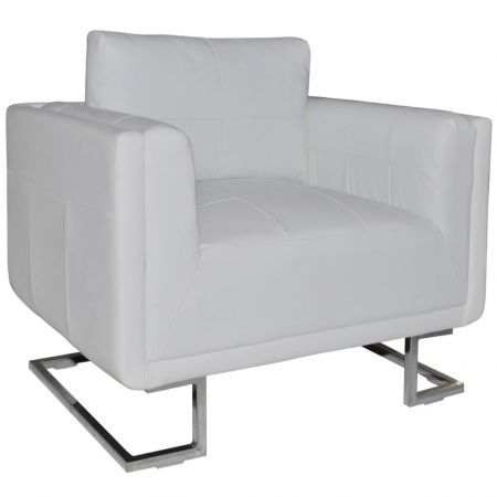 Cube Armchair with Chrome Feet Artificial Leather White