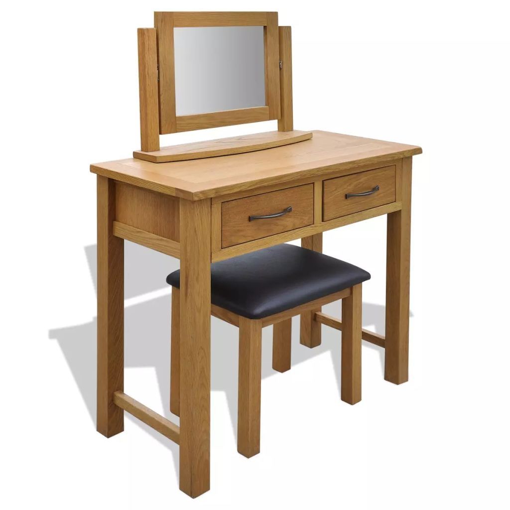 Dressing Table with Stool Solid Oak Wood