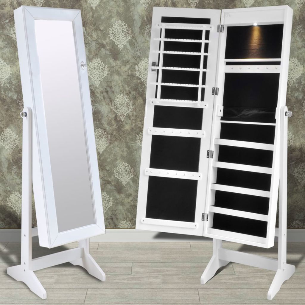 White Free Standing Jewellery Cabinet with LED Light and Mirror Door