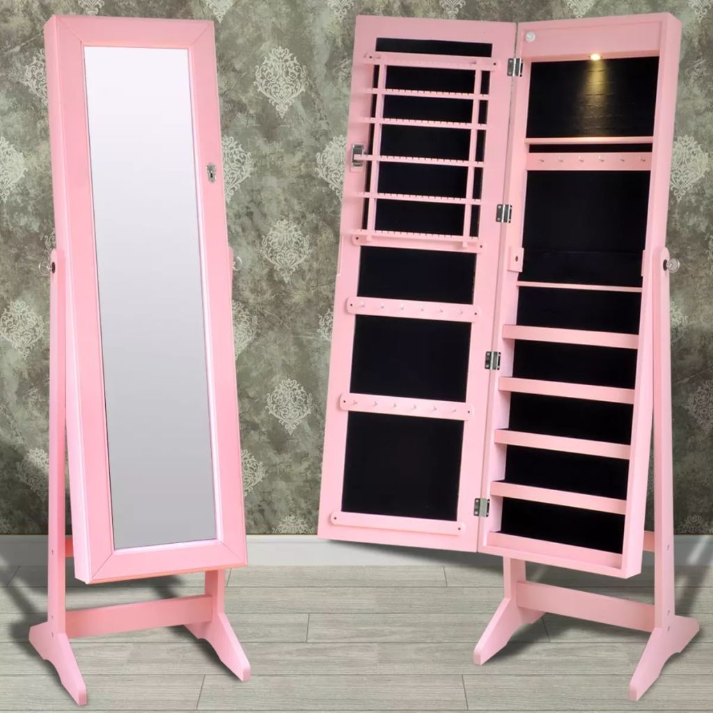 Pink Free Standing Jewellery Cabinet with LED Light and Mirror Door