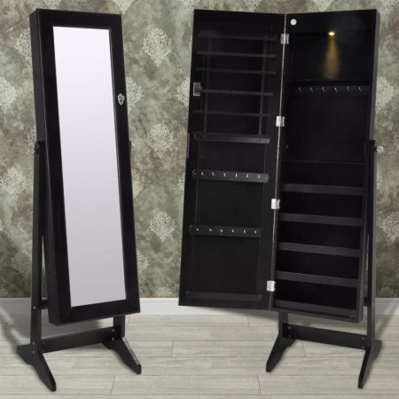 Black Free Standing Jewellery Cabinet with LED Light and Mirror Door