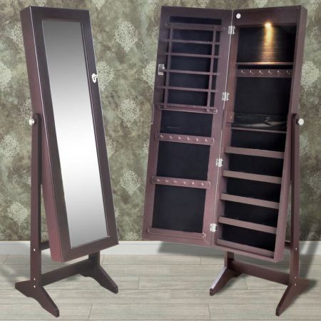 Brown Free Standing Jewellery Cabinet with LED Light and Mirror Door