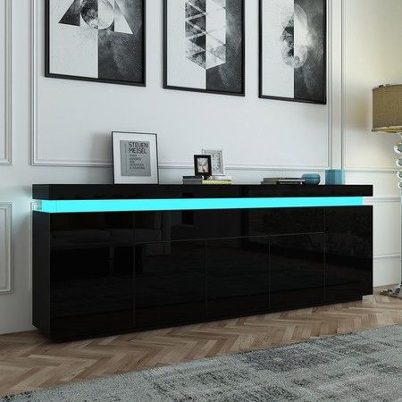 180cm Wood Sideboard Cabinet 5 Doors Storage Buffet Table with RGB LED Black