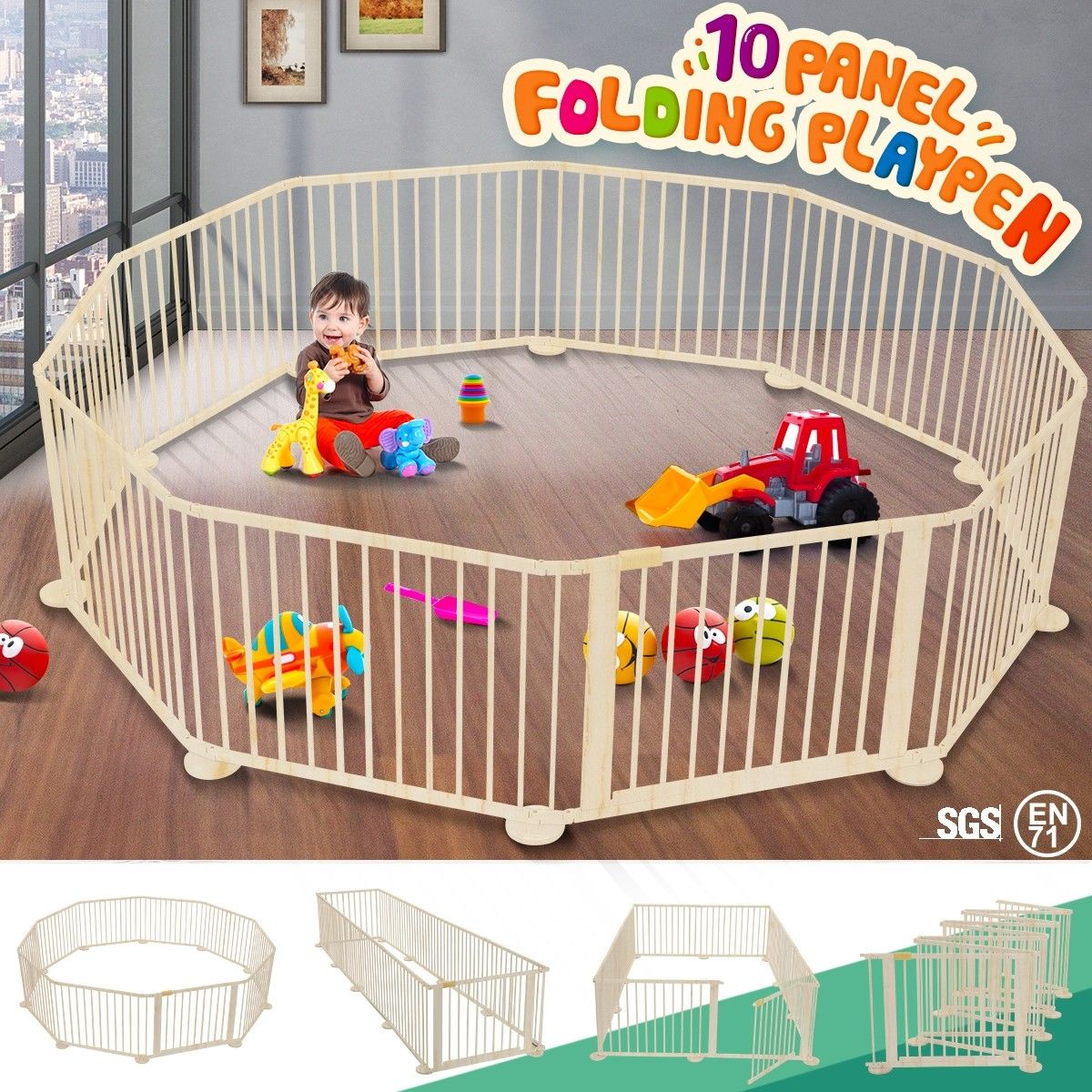 Foldable 10 Panel Kids Playpen Safety Fence New Zealand pine Wood