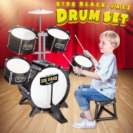 New Kids Toys Jazz Rock Drum Set Drums Cymbal Stool Sticks Black 
