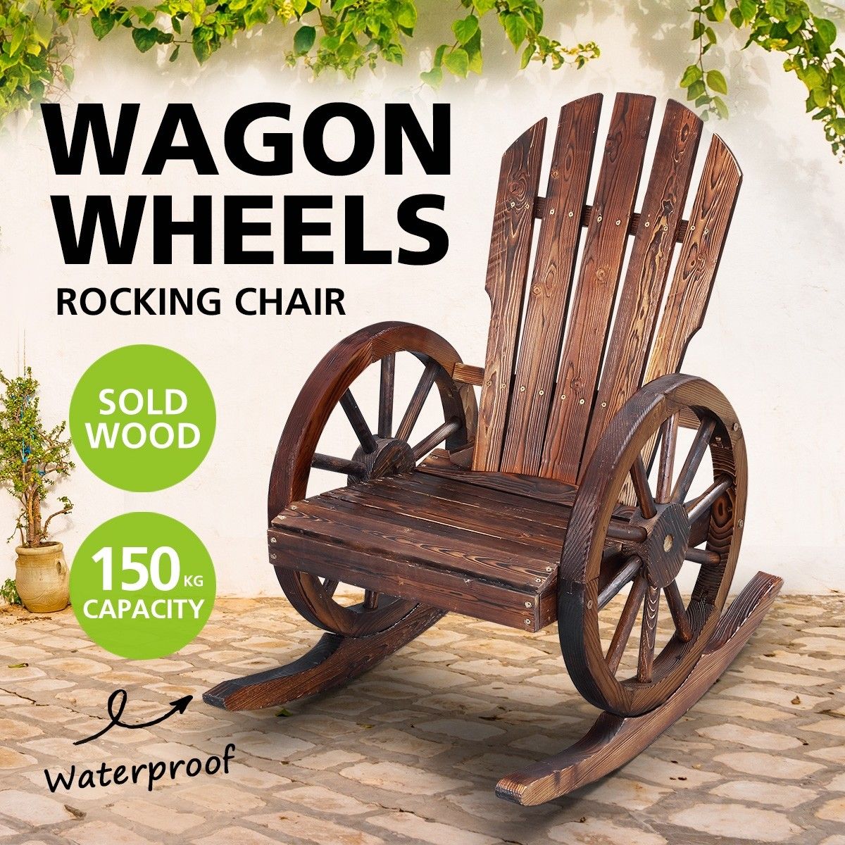 Wooden Chair Rocking Chair Outdoor Patio Furniture with Wagon Wheel Armrests 