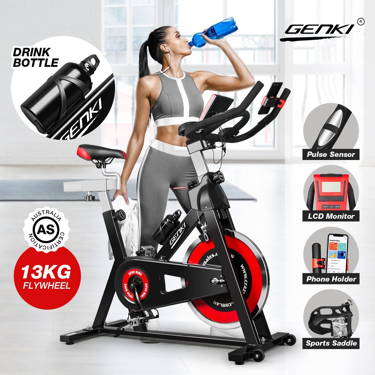 Genki Indoor Spin Bikes Spinning Exercise Bike with Flywheel
