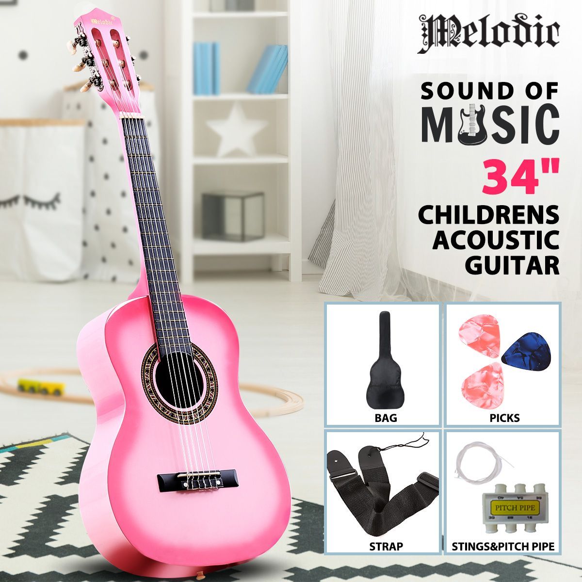 Melodic 34 Inch Kids Acoustic Guitar 6 Strings Tuner Cutaway Wooden Kids Gift Pink