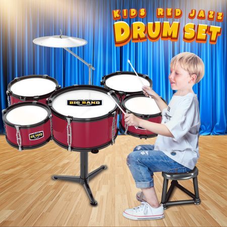 New Kids Toys Jazz Rock Drum Set Drums Cymbal Stool Sticks Red 