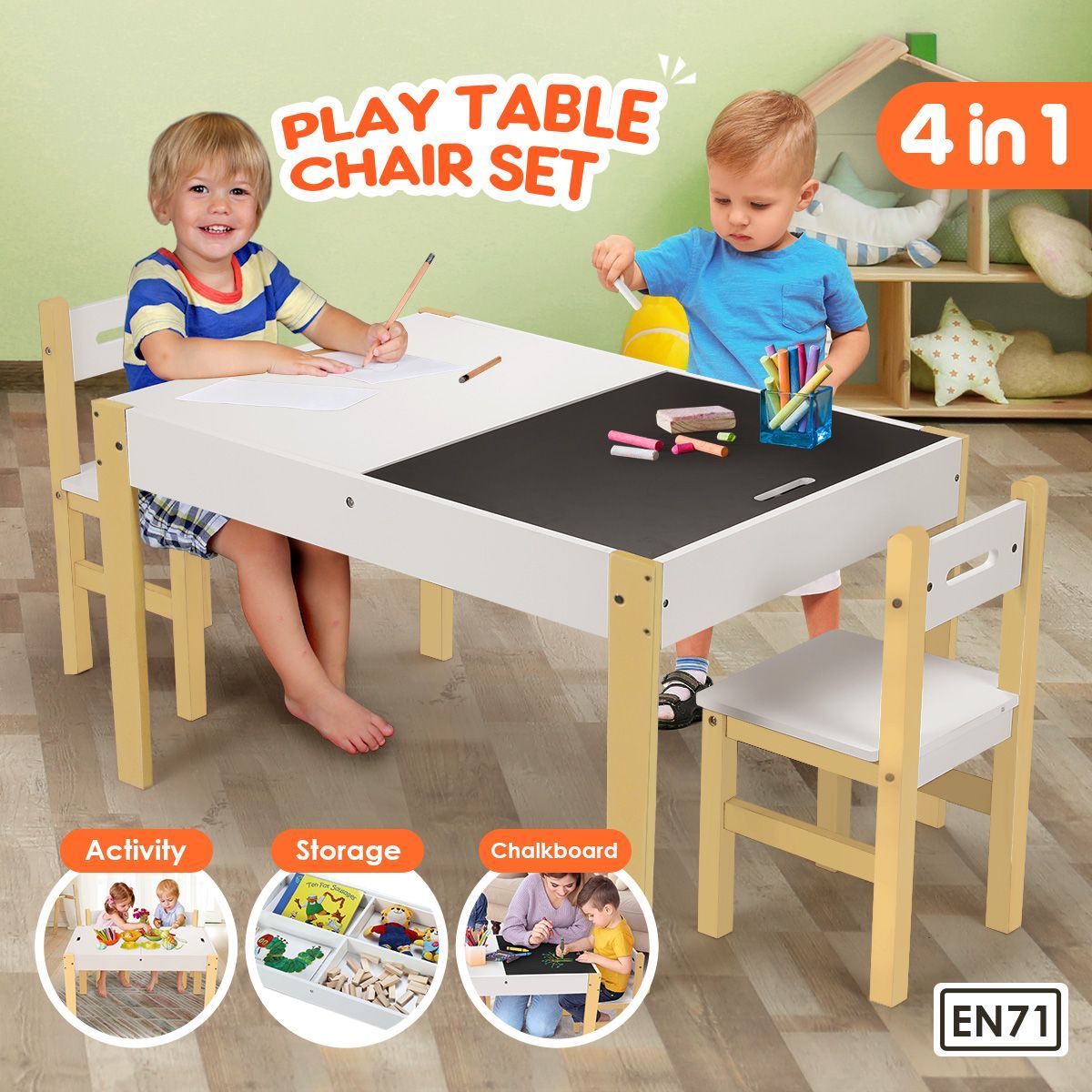 Kids Table and Chairs Set Chalkboard Multifunctional Toys Play Storage ...