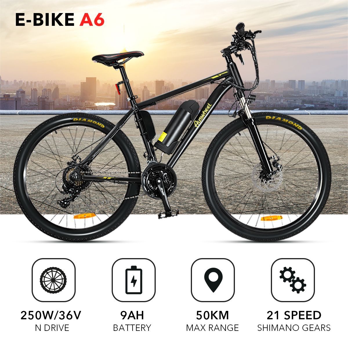 Auswheel Upgraded 26'' Electronic Mountain Bike eBike 36V 250W 21 21 ...