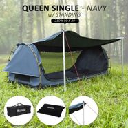 Deluxe Outdoor Camping Canvas Swag Aluminium Poles Tent King Single with Free Standing - Navy Blue