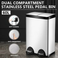60L Dual Compartment Pedal Garbage Rubbish Bin Stainless Steel Kitchen Waste Trash Can