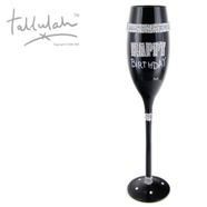 Tallulah Black Champagne Flute Wine Glass Happy Birthday - Hand Painted Diamante Design Glassware