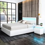 Double PU Leather Gas Lift Storage Bed Frame Wood Bedroom Furniture w/LED Light - White