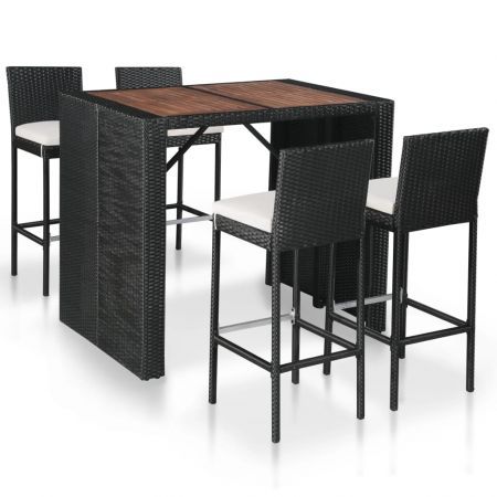 5 Piece Outdoor Bar Set Poly Rattan and Acacia Wood Black | Crazy Sales