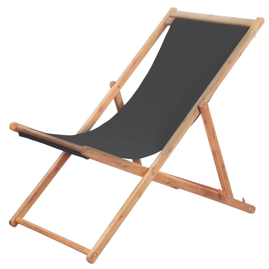 Folding Beach Chair Fabric and Wooden Frame Grey