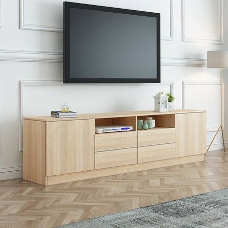 180cm Oak Tv Stand Wood Entertainment, Tv Stand With Shelves And Drawers