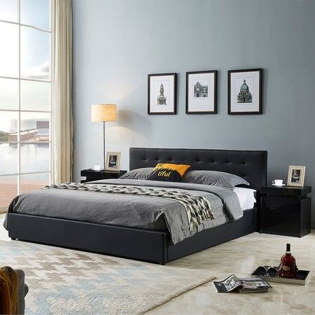 King Size Bed Frame Pu Leather Gas Lift Storage Bed Base Wood