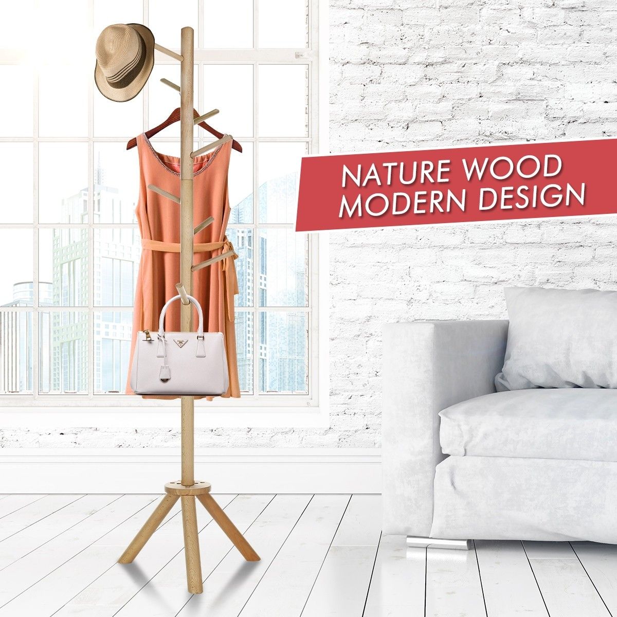 Wooden Coat Stand Rack Clothes Hanger Natural Colour Crazy Sales