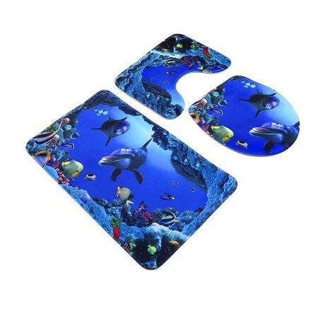 3pcs Blue Ocean Style Pedestal Rug + Toilet Cover + Bath Mat