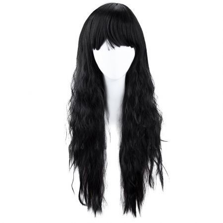 Full Bangs Long Half Curly Hair Wig Heat Resistant Natural Black