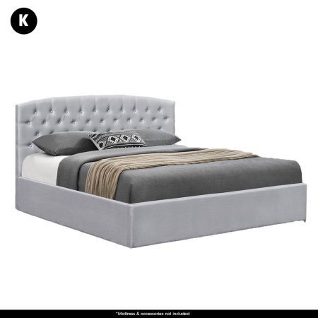 King Size Fabric Gas Lift Storage Bed Frame with Headboard - Light Grey