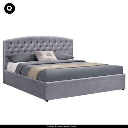 Queen Linen Fabric Gas Lift Storage Bed Frame with Headboard - Dark Grey