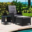 Gardeon 3PC Recliner Chairs Table Sun lounge Wicker Outdoor Furniture Adjustable Black