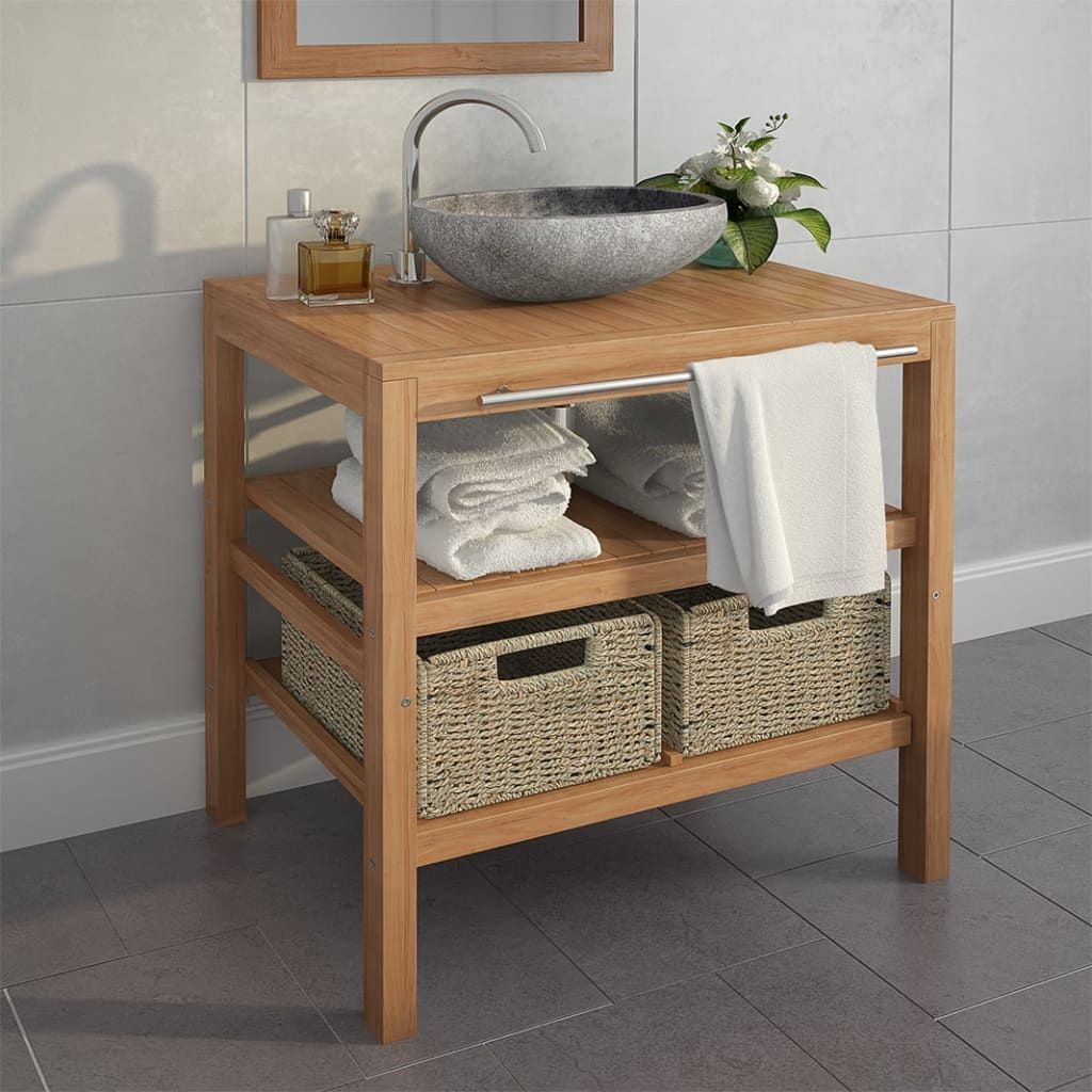 Bathroom Vanity Cabinet Solid Teak with Riverstone Sink