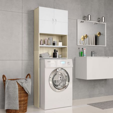 Washing Machine Cabinet White and Sonoma Oak 64x25.5x190 cm Chipboard